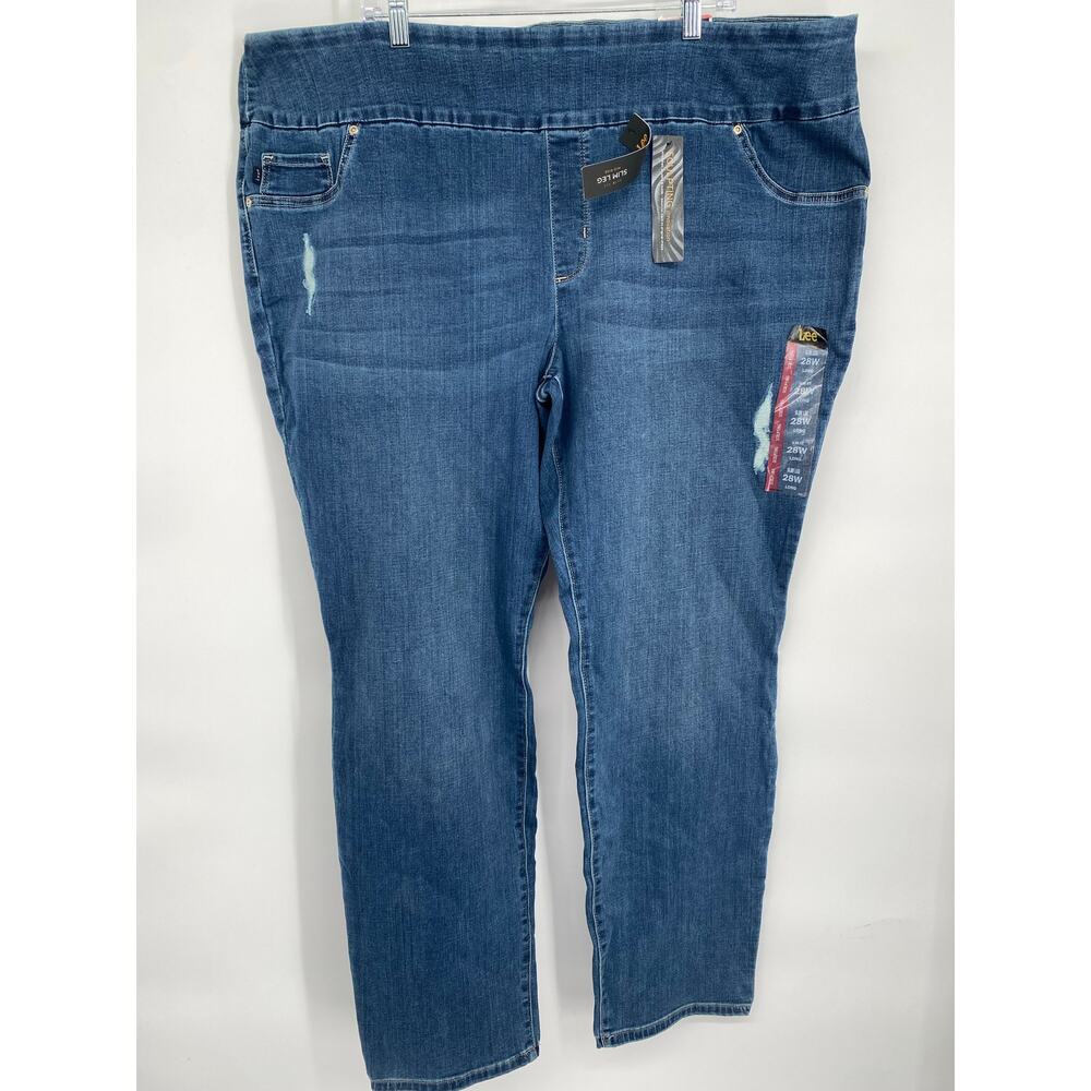 Lee Jeans Women’s 28W Long Elastic Waist ‎ Slim Leg Slightly Distressed